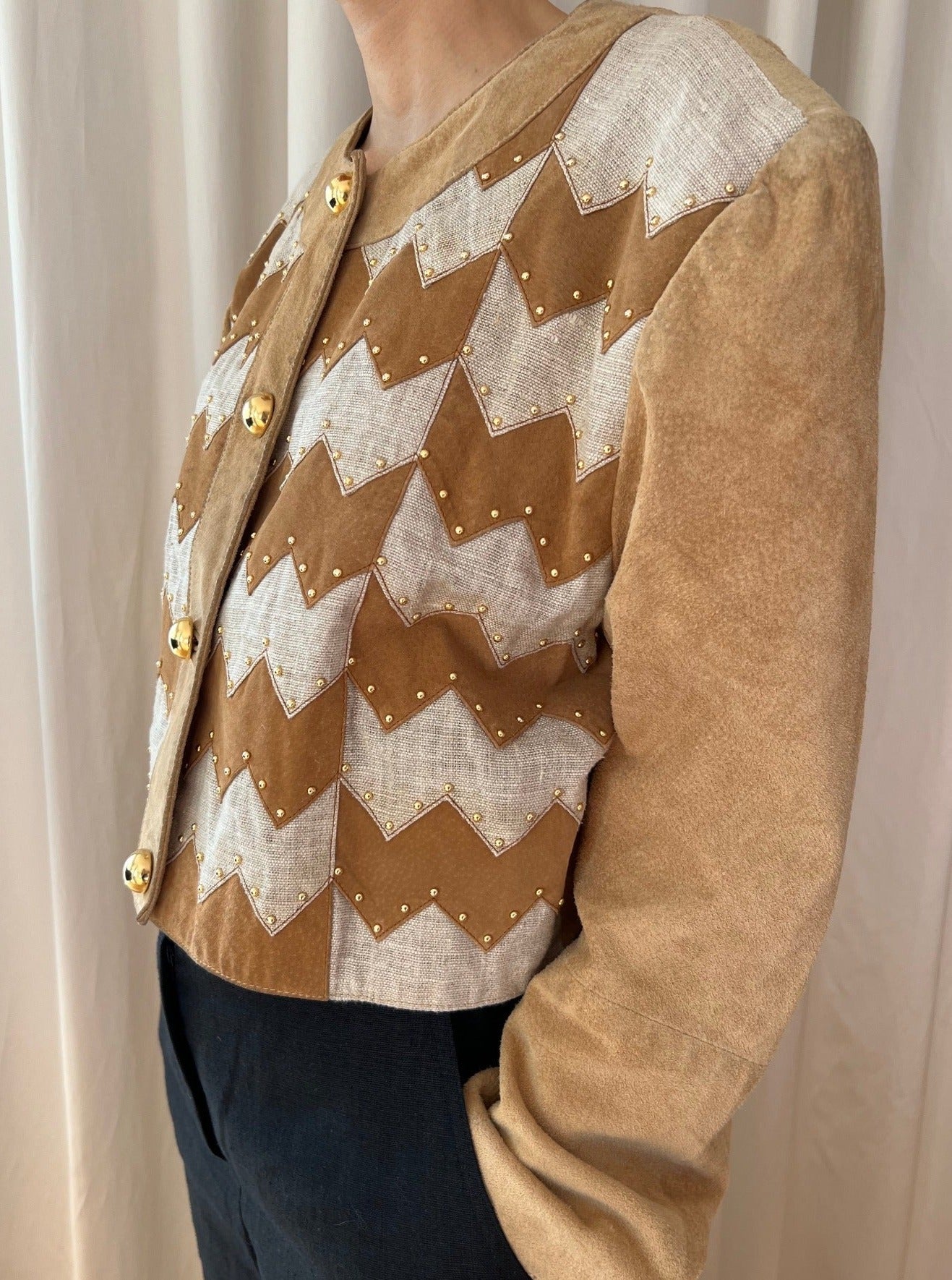 Brown Gingham Leather Suede Jacket