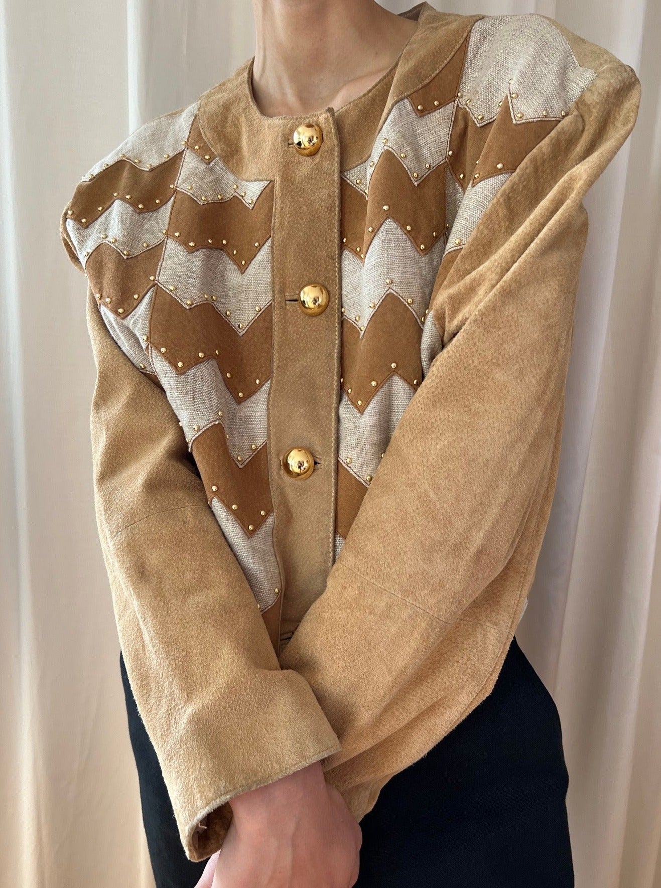 Brown Gingham Leather Suede Jacket